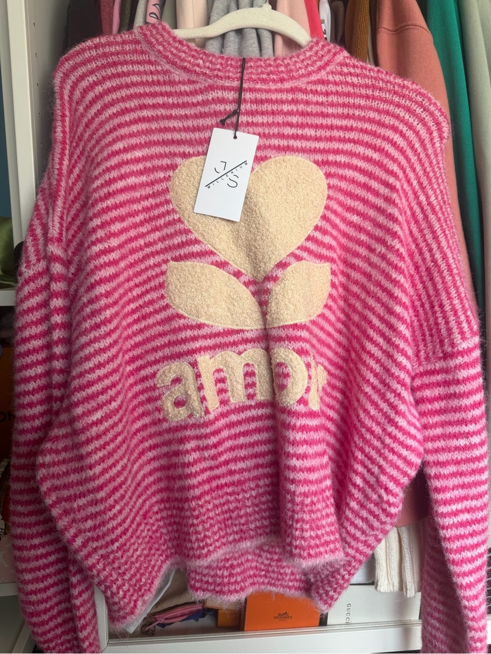 Pink Striped Crewneck Sweater with Cream Heart Motif